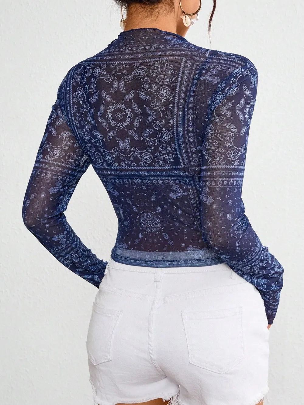 Sheer paisley print mock neck long sleeve top by Plush Fashion Hub, showcasing a stylish and lightweight design.
