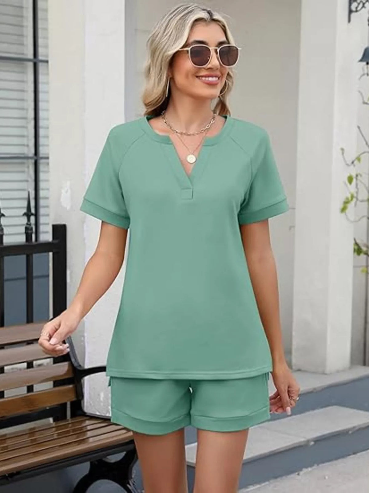 Solid color short sleeve top and shorts two-piece set by Plush Fashion Hub, casual summer apparel for women.
