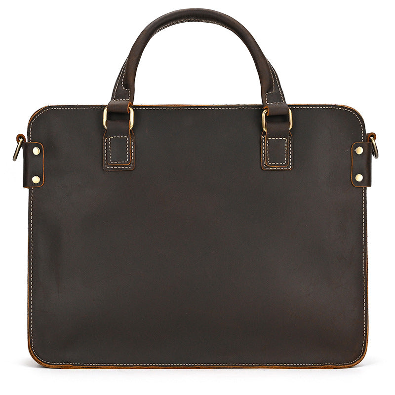 Pi-Mart Retro Crazy Horse Leather Briefcase, 14-inch commuter business bag with sturdy leather handles and vintage finish.