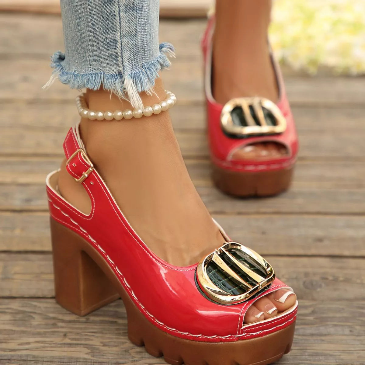 Plush Fashion Hub peep toe block heel sandals with soft plush material and stylish design, perfect for casual or dressy occasions.