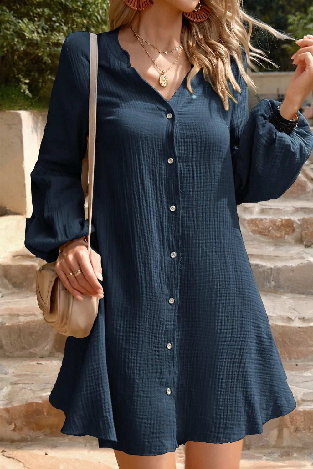 Cotton notched balloon sleeve mini dress in Devine color by Plush Fashion Hub, featuring a stylish fit and feminine design.