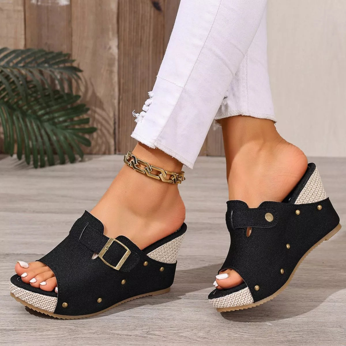 Plush Fashion Hub open toe wedge sandals with plush straps and a cork-style wedge heel, perfect for casual summer wear.