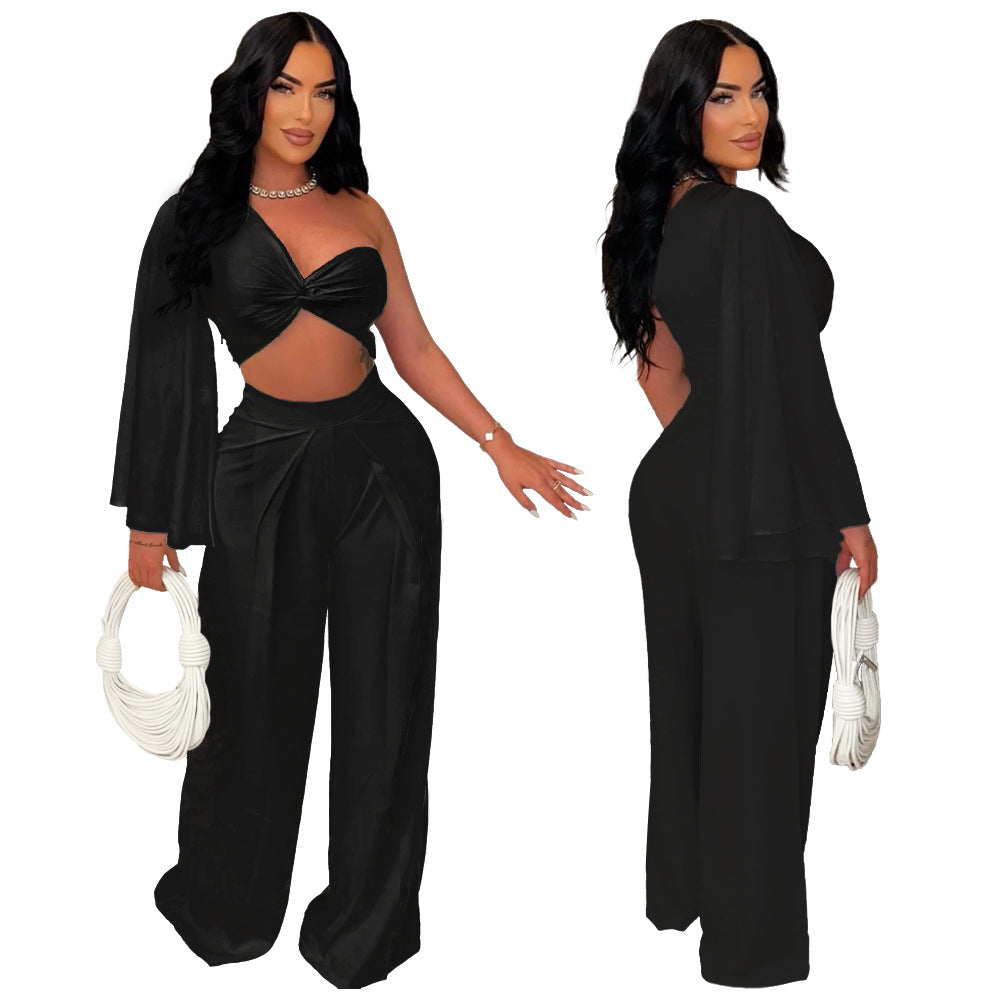 Asymmetrical Pleated One-Shoulder Top & Trouser Set