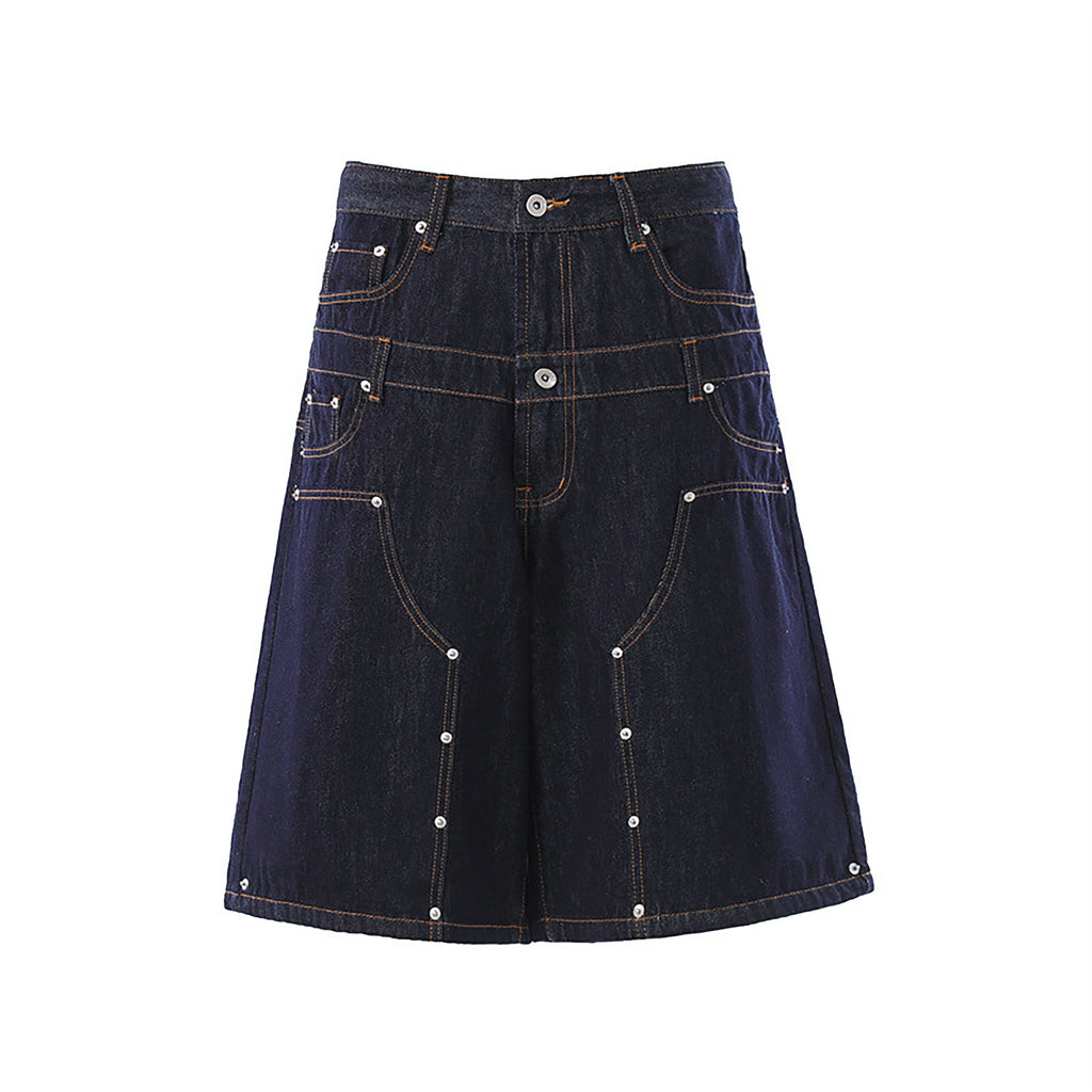 Street Style Double Waistband Studded Denim Two-Piece Set