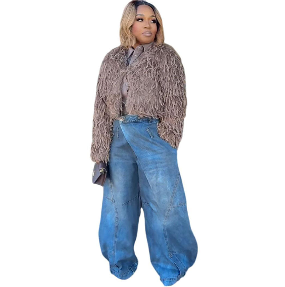 Women’s vintage distressed washed wide-leg denim jeans by Plush Fashion Hub, showing the relaxed fit and faded finish.