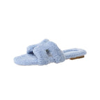 Rainbow lamb fur suede slide sandals by eprolo featuring colorful fur accents and a casual open-toe design.