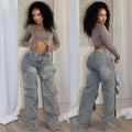Eprolo high-waisted straight-leg jeans with detachable button detail, showcasing classic denim fit and stylish design.