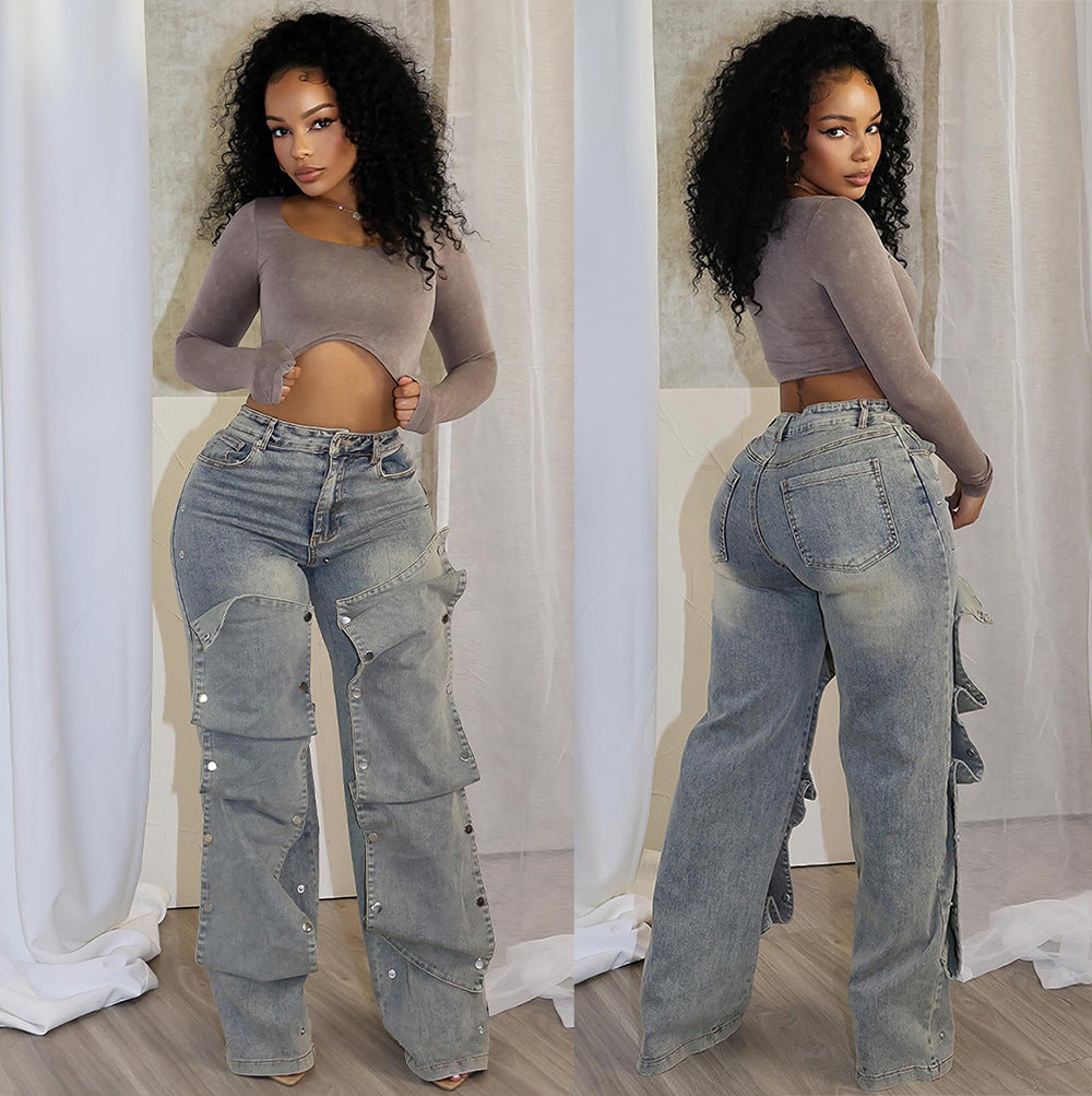 Eprolo high-waisted straight-leg jeans with detachable button detail, showcasing classic denim fit and stylish design.