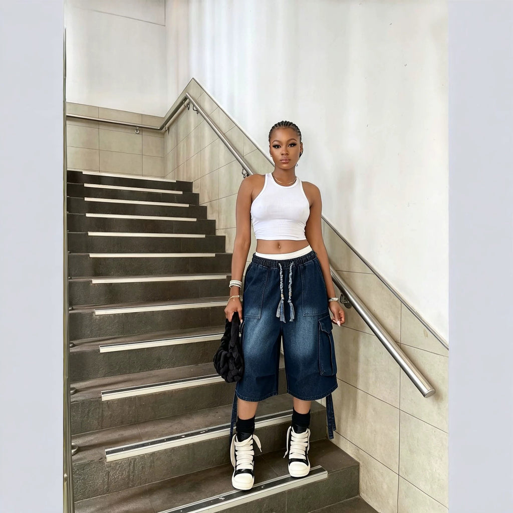 Women's Washed Denim Drawstring Elastic Waist Casual Pants