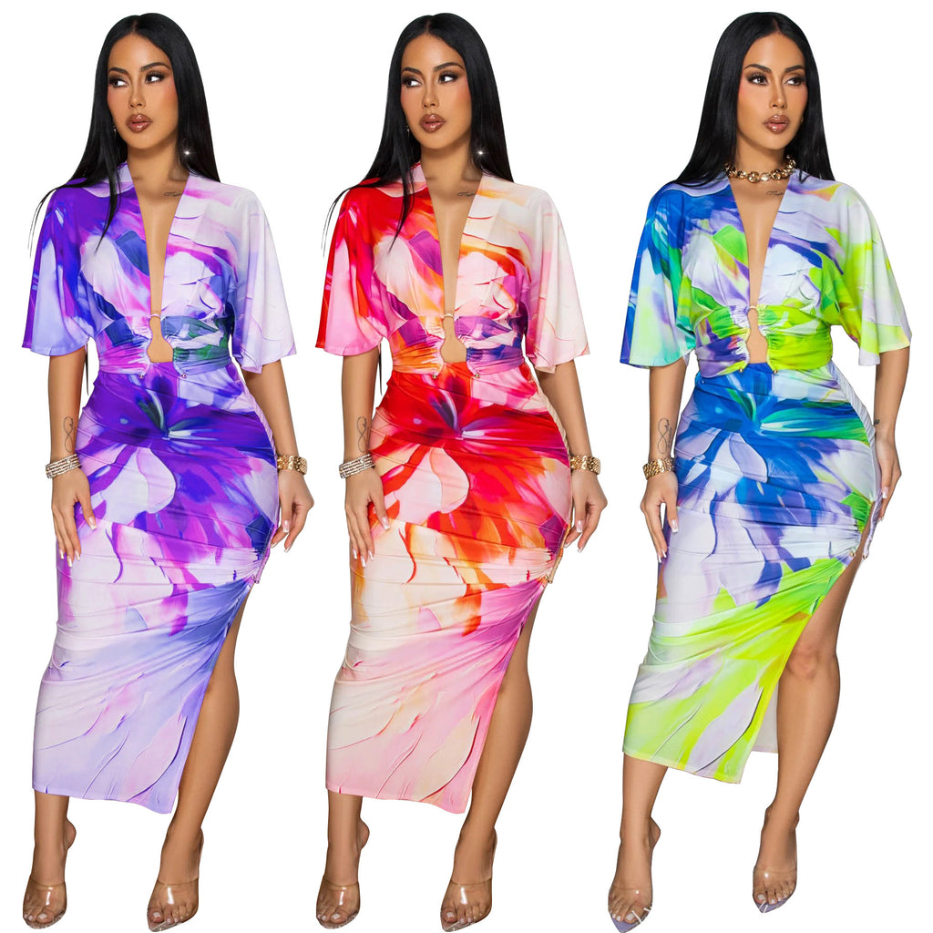 Luna V-Neck Side-Split Midi Skirt Set