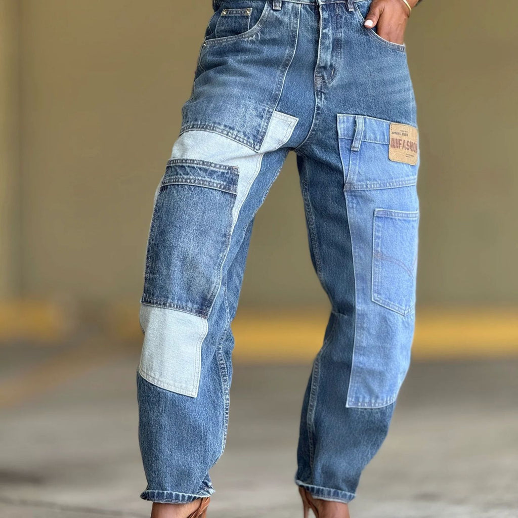 Deconstructed Patchwork Multi-pocket Tapered Jeans