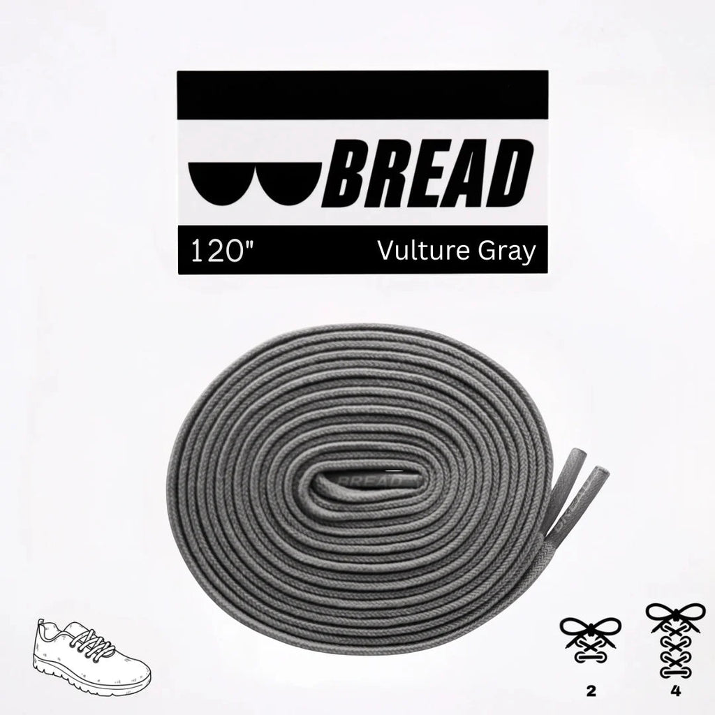 Gray elastic shoelace from Bread's Vulture collection, showcasing a flexible, durable design for comfortable footwear.