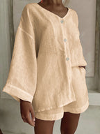 Women's cotton linen shirt and shorts set by Plush Fashion Hub, featuring long sleeves, button details, casual 2-piece ensemble