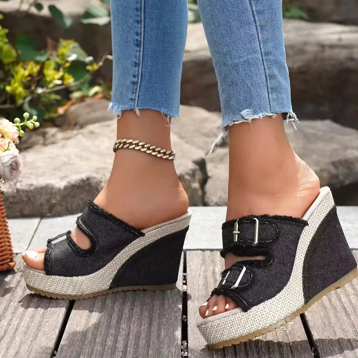Buckle open toe wedge sandals by Plush Fashion Hub featuring a sleek strap design and comfortable platform heel.