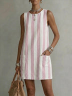 Women's striped color-block sleeveless mini dress in loose fit, casualwear style by Plush Fashion Hub.