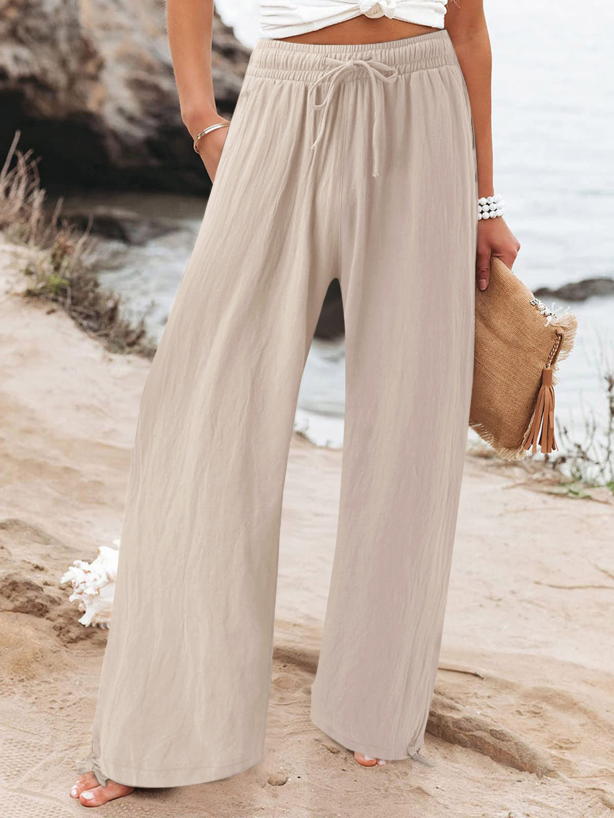 Plus size full length drawstring wide leg pants from Trendsi, featuring a relaxed fit and comfortable waistband.