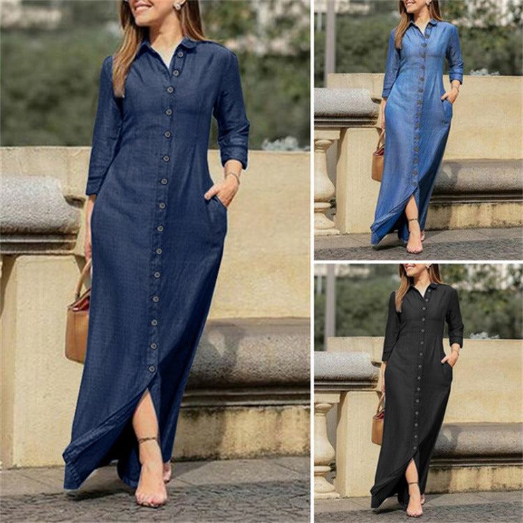 Shirt Collar Denim Button Maxi DressElevate your casual style with this chic shirt collar denim maxi dress. Featuring a button-down front and a flattering maxi length, this dress is perfect for any occDressPlush Fashions ShopPlush Fashion Shop