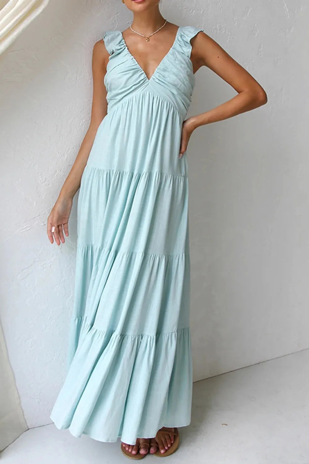 Women’s 100% cotton ruffled V-neck tiered midi dress by Plush Fashion Hub, featuring a flowy, layered design with ruffle details.
