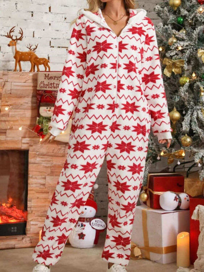 Fuzzy Geometric Half Zip Hooded Pajamas with red and white pattern, cozy and stylish outfit.