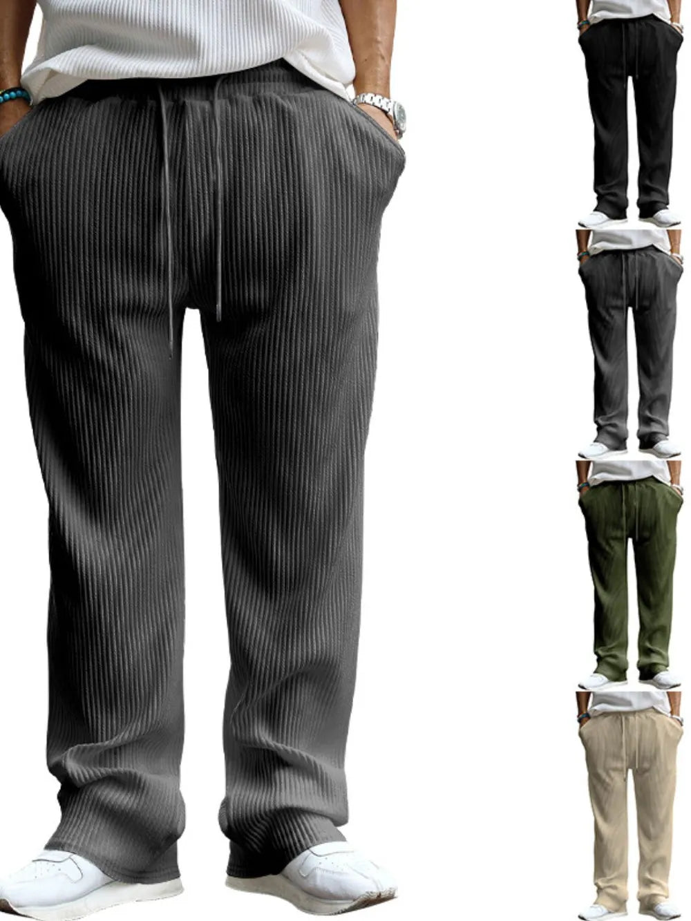 Men's full size ribbed drawstring wide leg pants by Trendsi, featuring a relaxed fit and adjustable waistband in a neutral fabric.