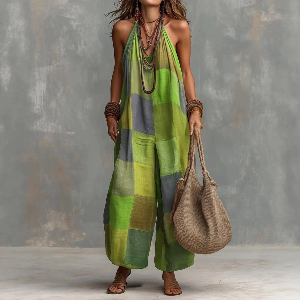 Women's plaid print jumpsuit by Plush Fashion Hub featuring sleeveless design, wide-leg style, and suspender details.