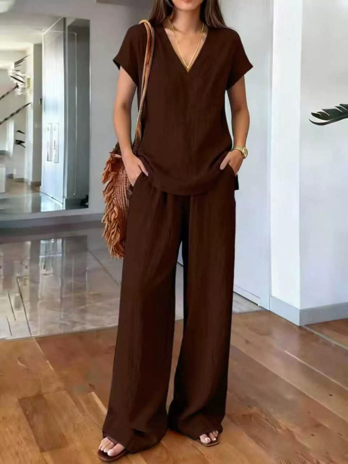 Plus size plush lounge set with v-neck short sleeve top and matching pants, comfortable loungewear from Plush Fashion Hub