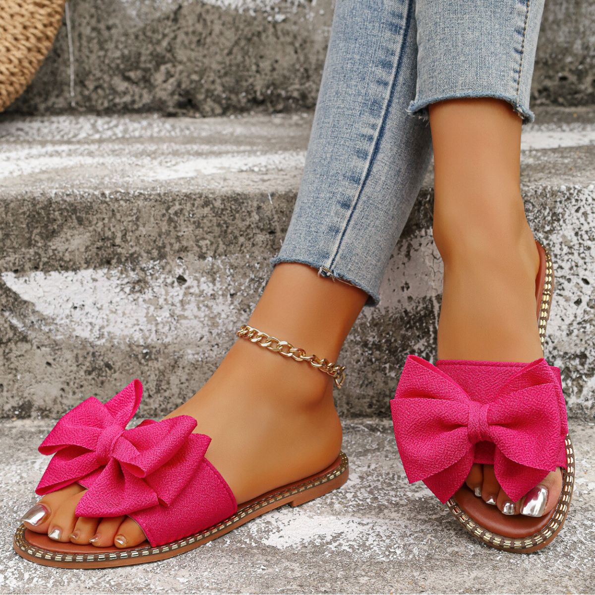 Plush Fashion Hub bowknot embellished flat sandals with stylish straps and comfortable sole, perfect for casual summer wear.