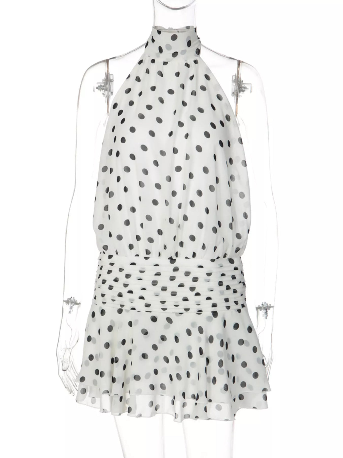Polka dot halter neck ruffle dress by Plush Fashion Hub featuring a flowy design and stylish ruffle details.