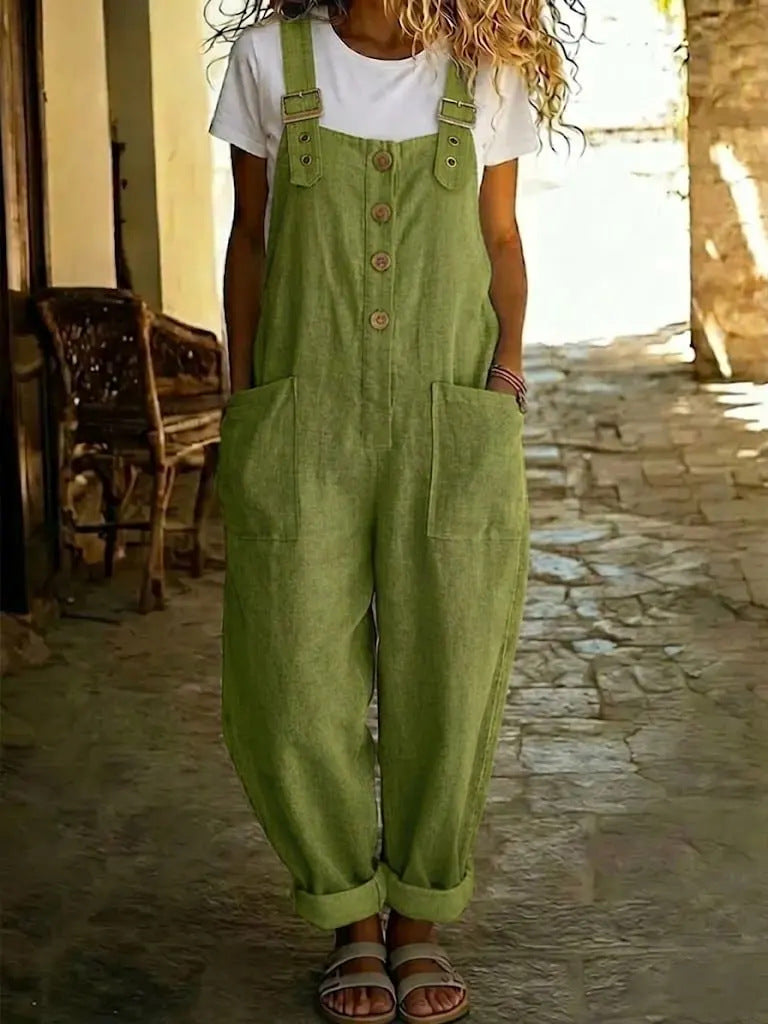 Women's vintage high-waist straight-leg overalls jumpsuit with sleeveless suspender design from Plush Fashion Hub.