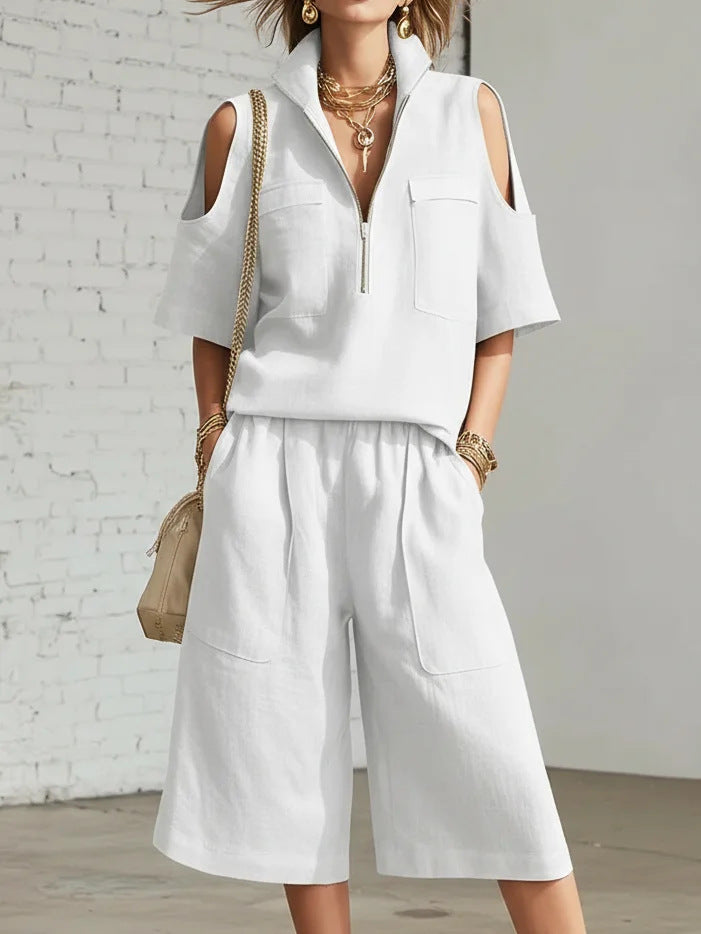 Casual short-sleeve shirt and loose shorts two-piece set by Plush Fashion Hub, model wearing lightweight, comfortable summer outfit.