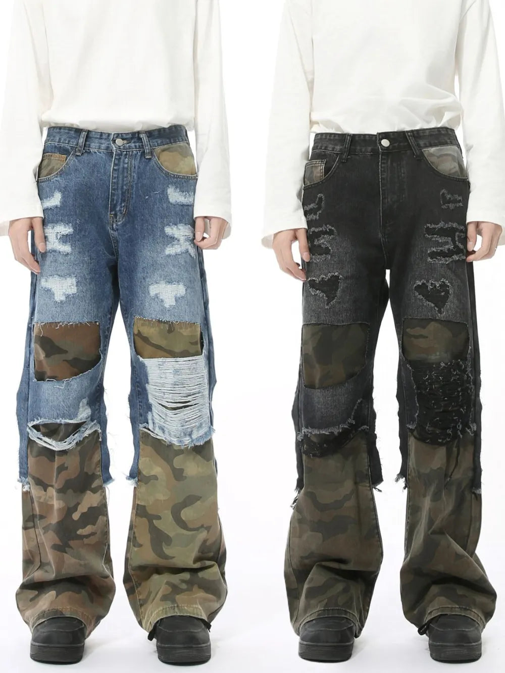 Distressed camouflage patchwork jeans by Plush Fashion Hub showing rugged denim with camo patches and frayed details.