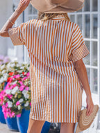 Stripe pinched V-neck mini dress by Trendsi featuring turn-up cuffs, pockets, and a fitted silhouette.