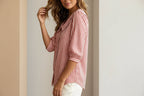 Striped V-neck top by FitiqueFit with three-quarter sleeves, casual wear shirt, featuring a stylish V-neck and relaxed fit.