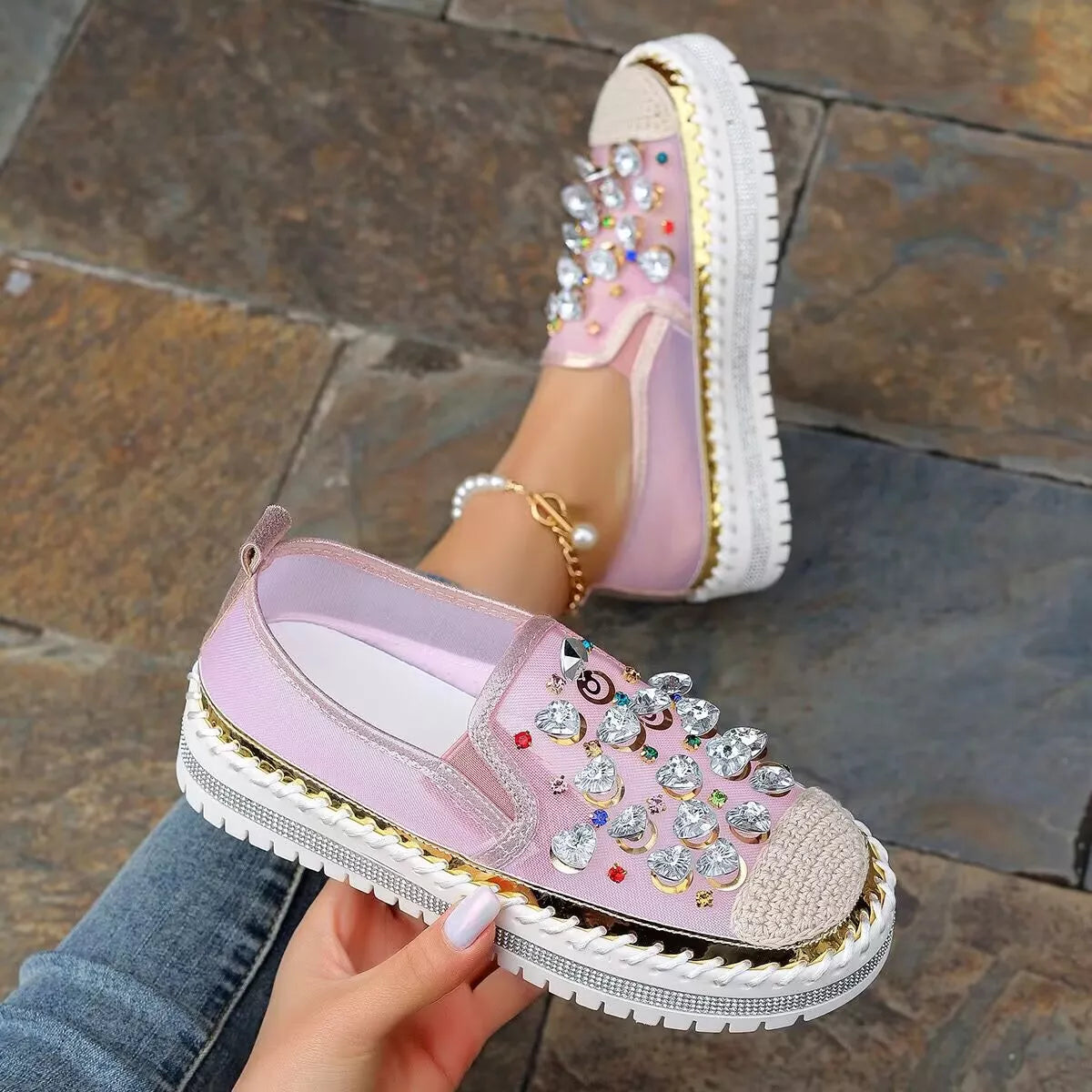 Rhinestone decor platform loafers by Trendsi showing sparkling rhinestone embellishments and chunky sole on stylish footwear.