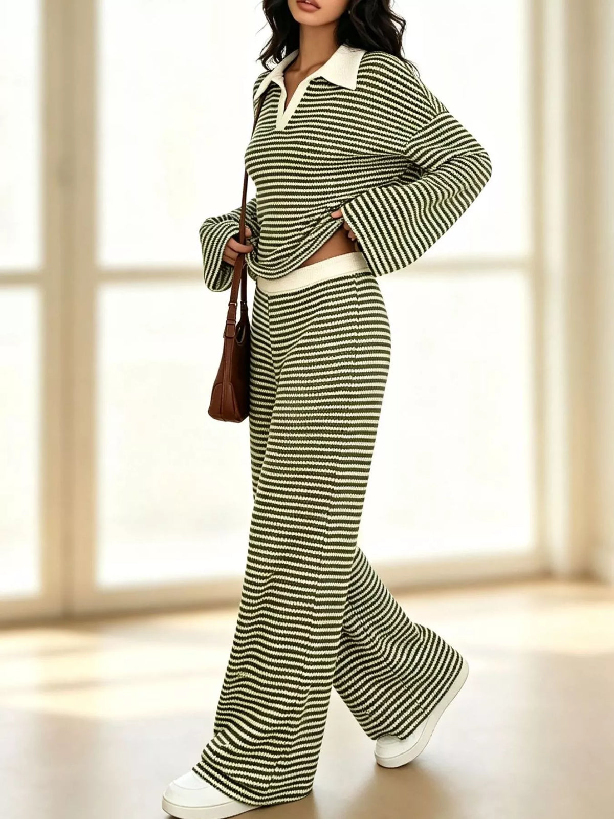 Striped long sleeve polo shirt and wide-leg pants set by Trendsi, featuring a stylish, coordinated casual outfit for women.