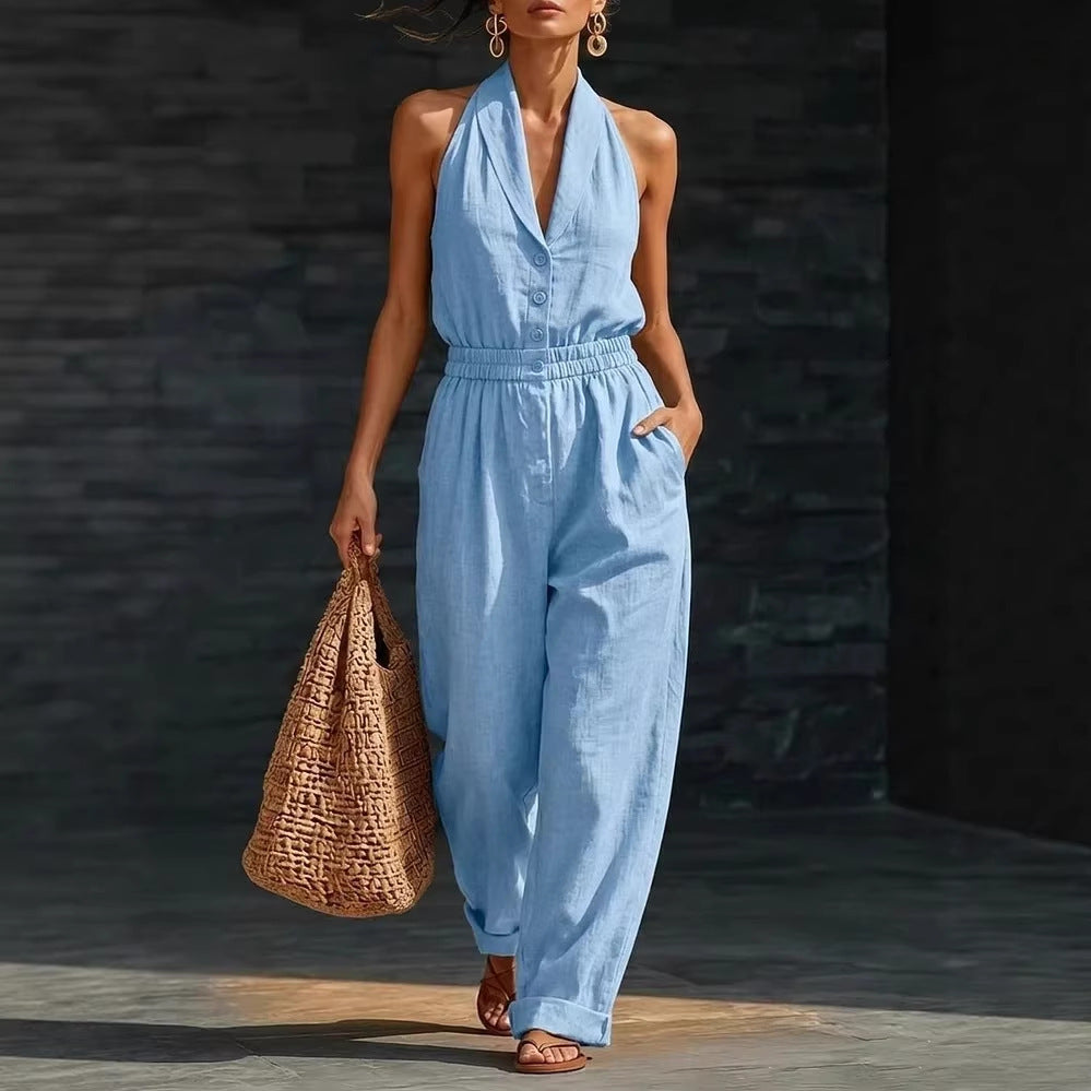 Women's knitted V-neck slim-fit cropped jumpsuit by FitiqueFit, featuring casual wear style with a fitted silhouette and V-neck design.