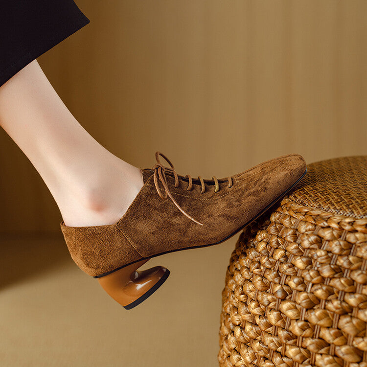 Women's plush sheepskin square toe chunky heel pumps by Plush Fashion Hub, lace-up mid heel footwear with stylish design.