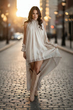 Loose fit high neck asymmetric maxi chiffon dress with long sleeves, casualwear by FitiqueFit, featuring elegant drape and flowy design.