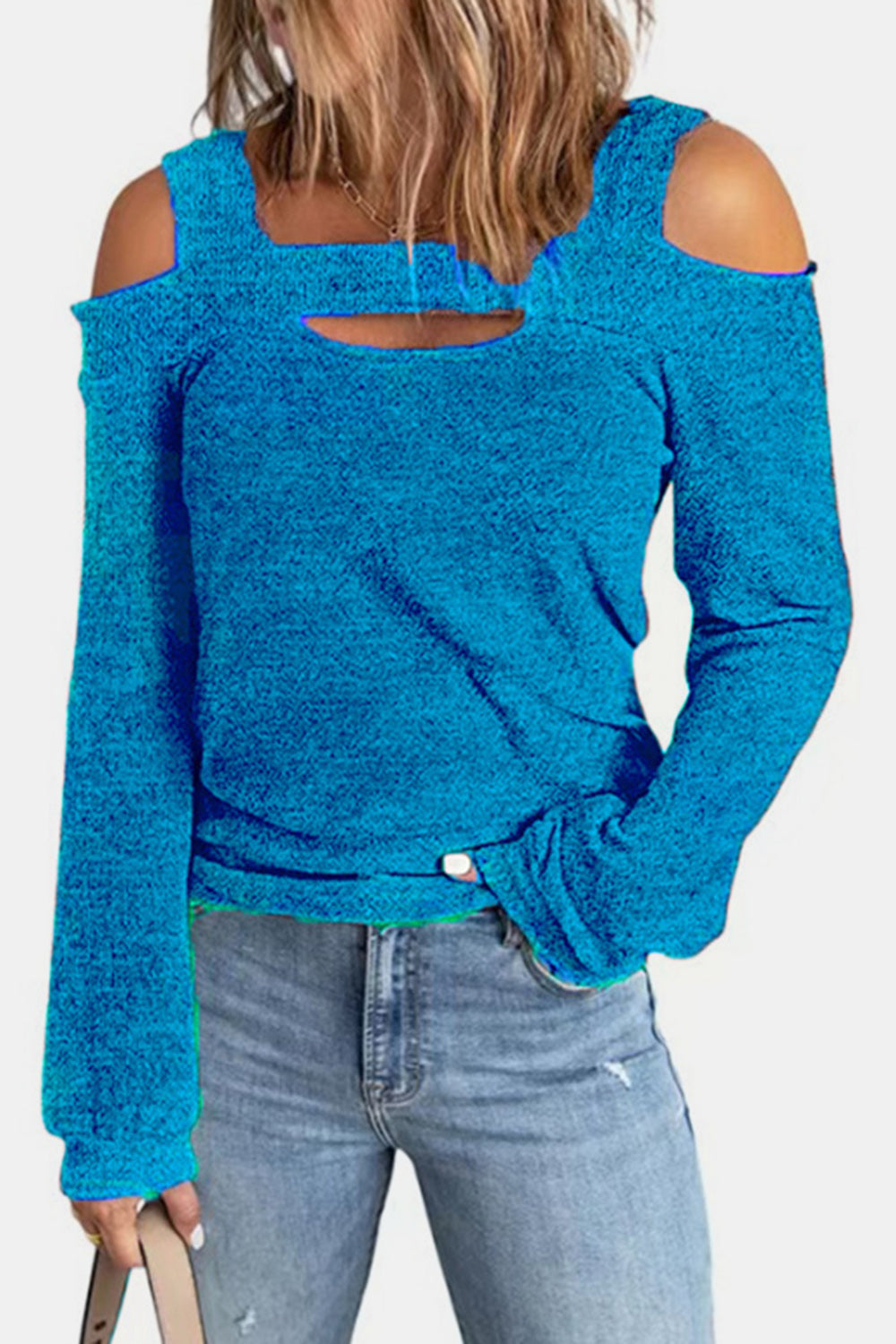 Elegant women's cold shoulder polyester blouse with cutout design, featuring a stylish and fashionable top from Plush Fashion Hub.