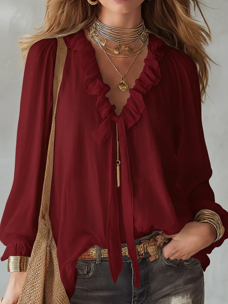 V-Neck loose-fit casual shirt top by Plush Fashion Hub in no-iron fabric, available in 8 colors.