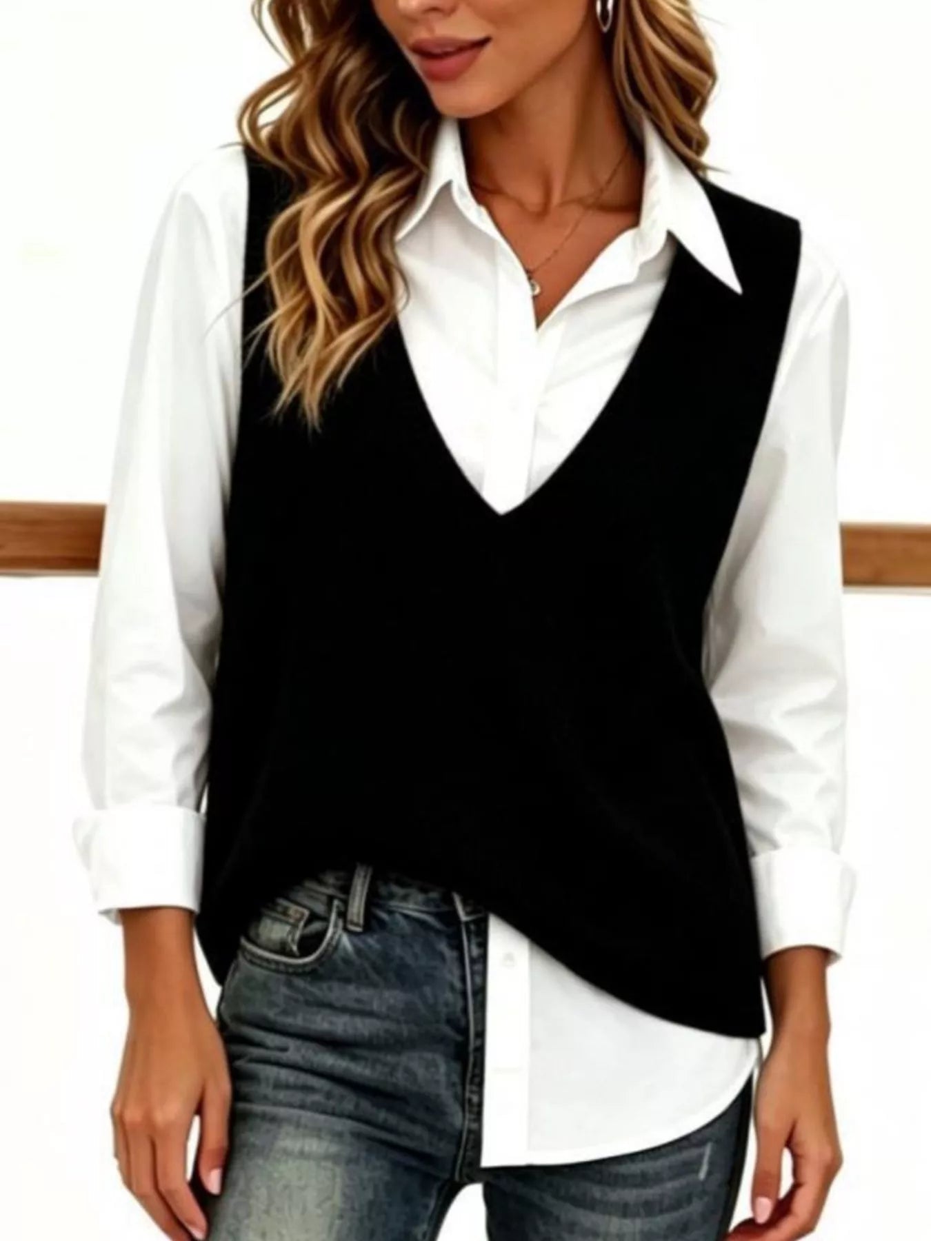Plus size full V-neck sleeveless knit sweater vest by Trendsi, showing a close-up of the cozy, lightweight knit fabric and V-neck design.