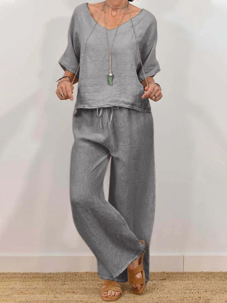 Women’s multi-color two-piece casual set with V-neck top and matching pants, stylish and comfortable from Plush Fashion Hub.