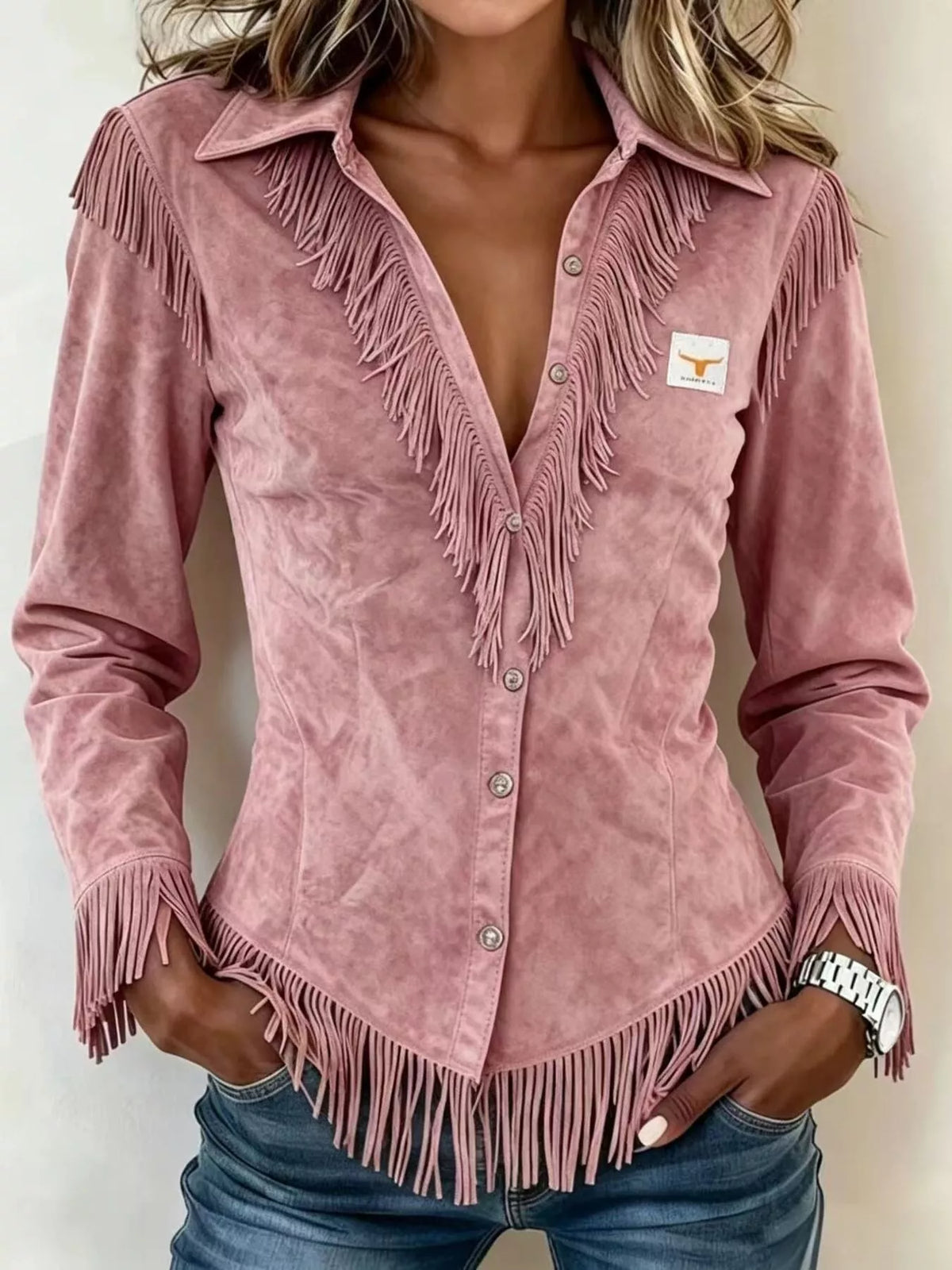 Plus size fringed collared neck shirt by Trendsi featuring a stylish design with fringe details and a classic collar.