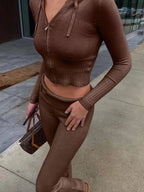 Trendsi zip-up hooded cardigan and pants sweater set, cozy knit with front zipper and hood, casual loungewear ensemble.