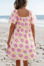 Floral square neck puff sleeve cotton midi dress with pleated flared design, stylish and feminine from Trendsi.
