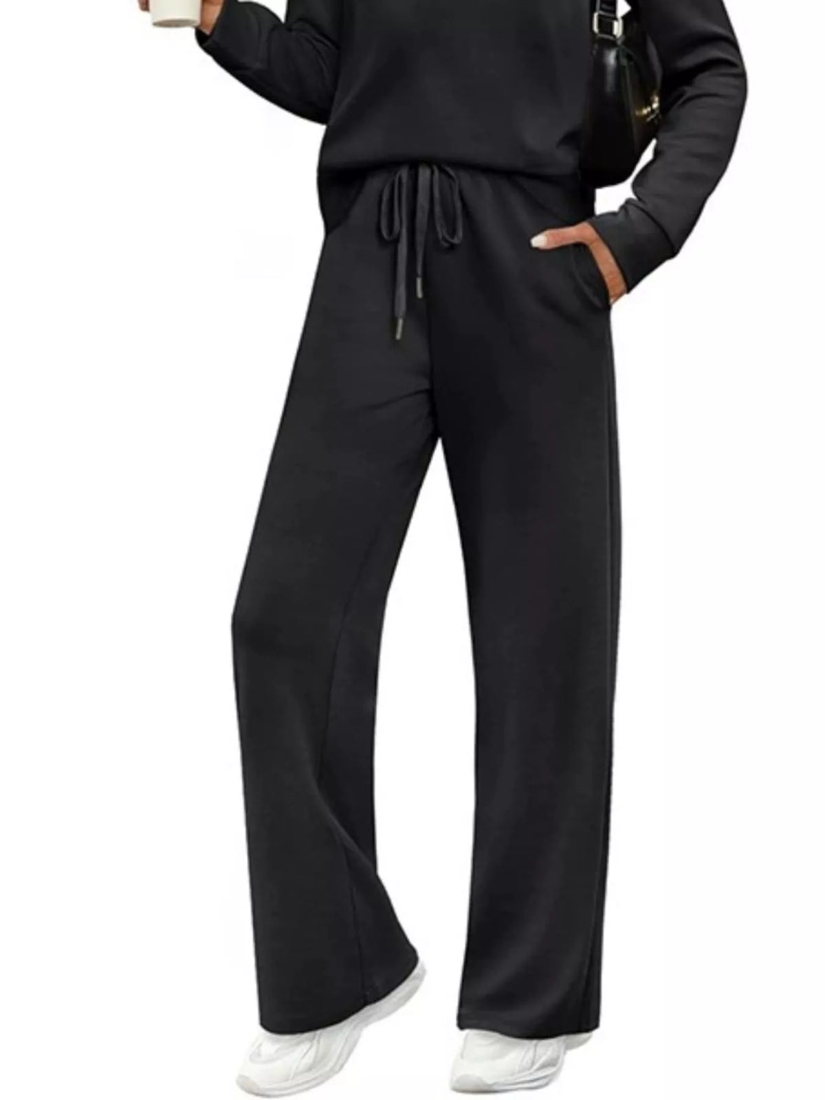 Plus size casual long sleeve crewneck top and drawstring pants set by Trendsi, comfortable and stylish matching loungewear.