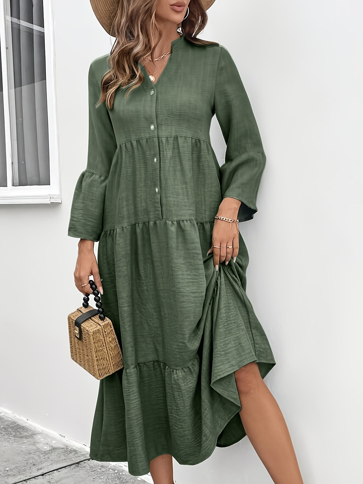 Plush Fashion Hub button front tiered midi dress with casual cotton blend fabric, summer style, featuring a flowing, layered design.