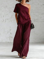 Women's wide-leg pants and top set by FitiqueFit, casualwear 2-piece outfit with three-quarter sleeves, shown in a relaxed fit.