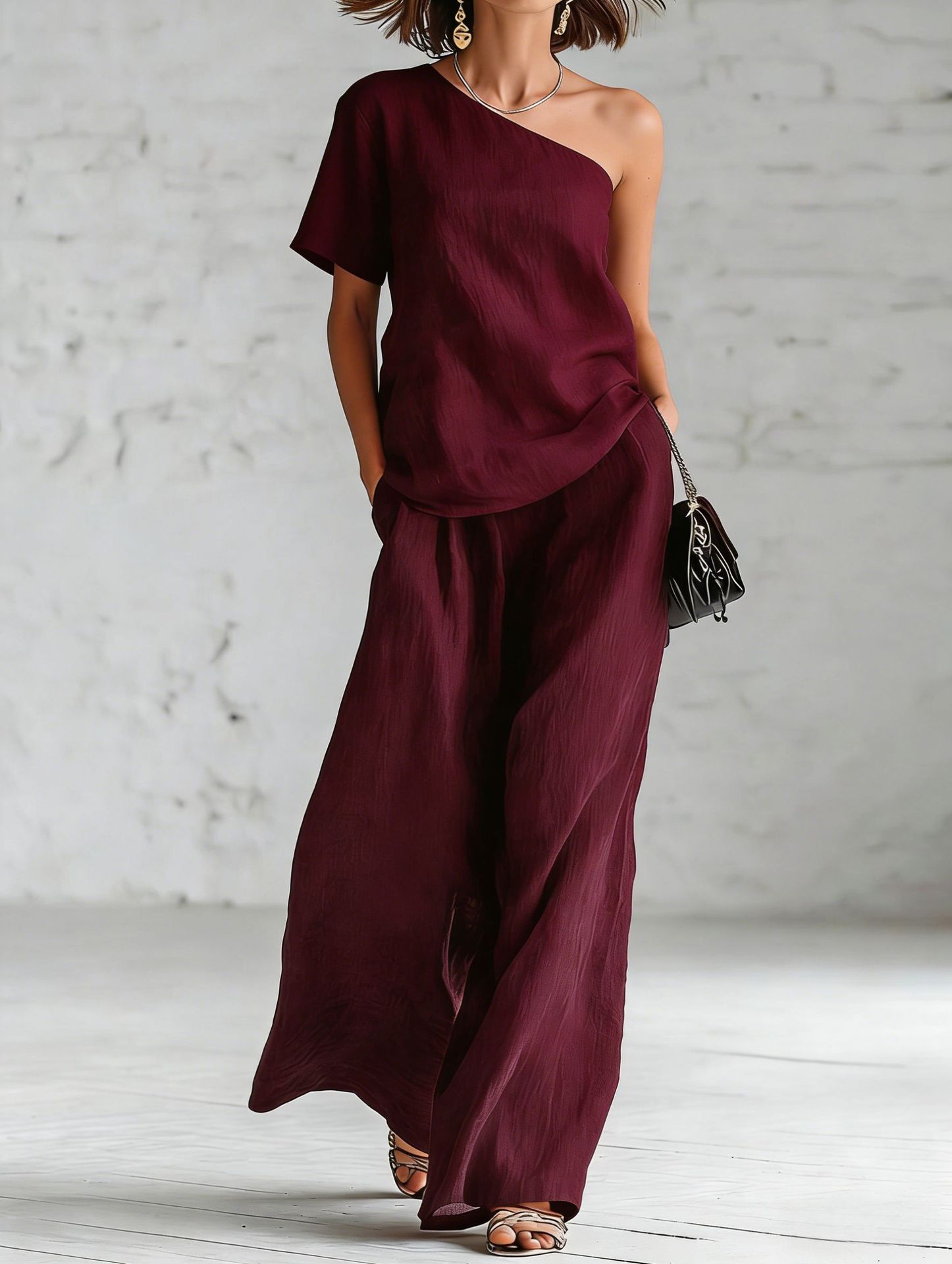 Women's wide-leg pants and top set by FitiqueFit, casualwear 2-piece outfit with three-quarter sleeves, shown in a relaxed fit.