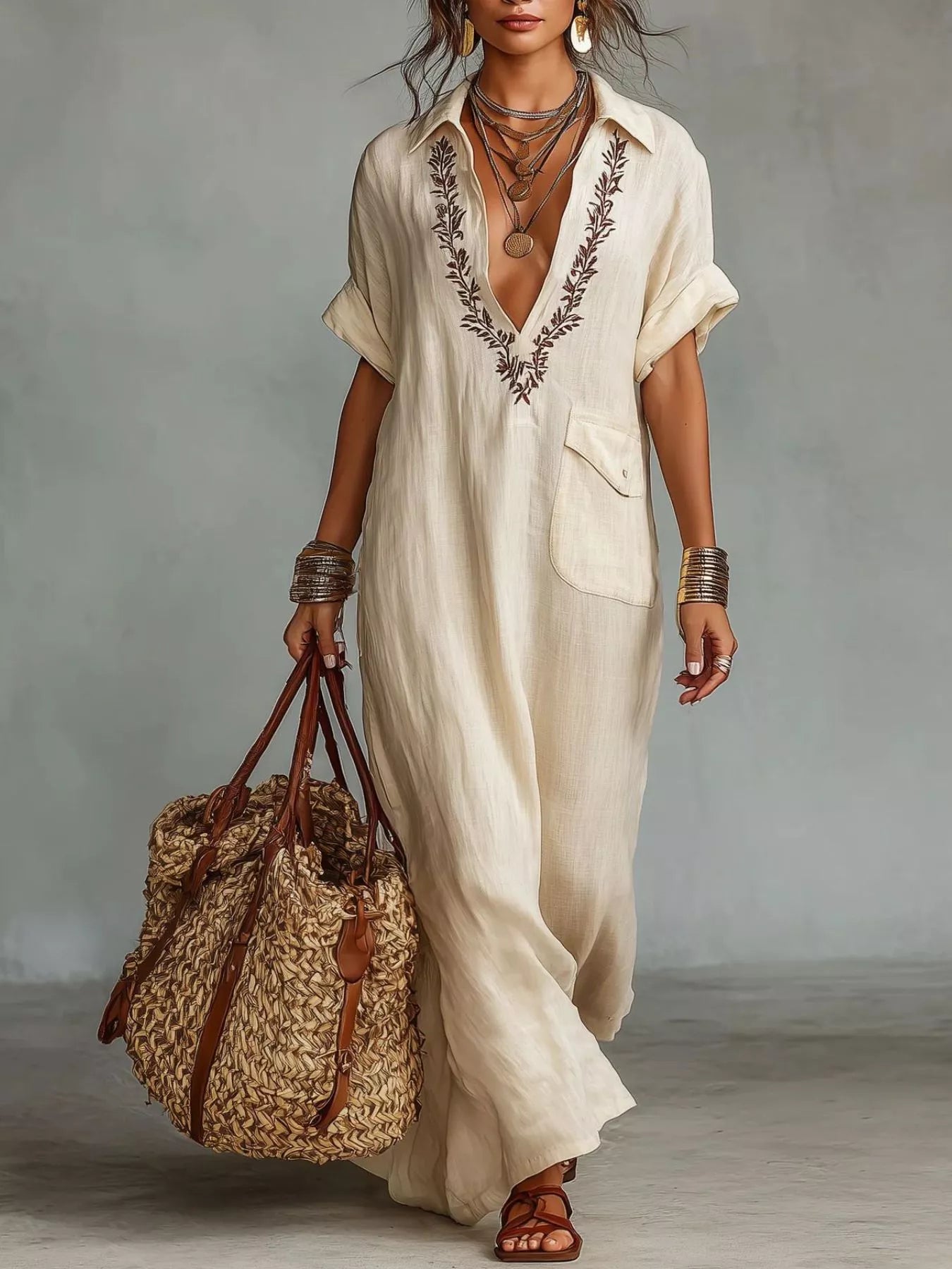 Plus size full bohemian embroidered maxi dress with colorful patterns, flowing fabric, and relaxed fit from Trendsi.